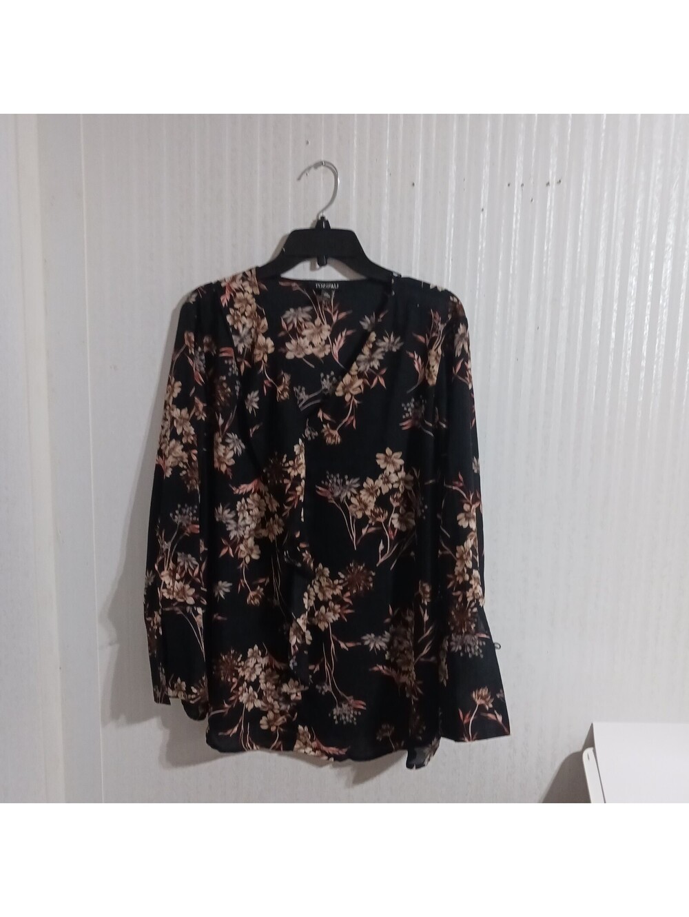 Women's Black Floral Long Sleeve V-Neck Blouse  Sheer Fabric  2X
